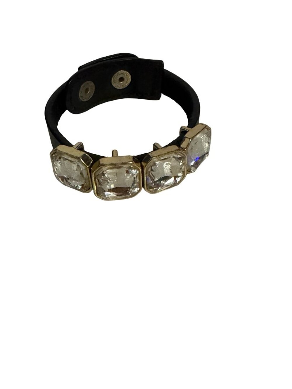 Black Leather Crystal Cuff Bracelet Gold Tone Clear Rhinestone Snap Closure 8 In